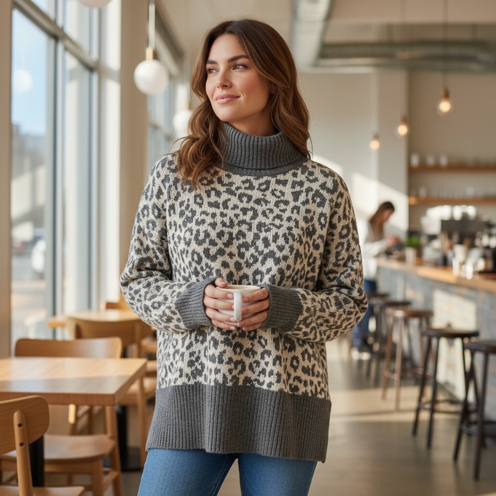 Marled reunited clothing cheetah animal print mock‎ turtle neck pullover sweater